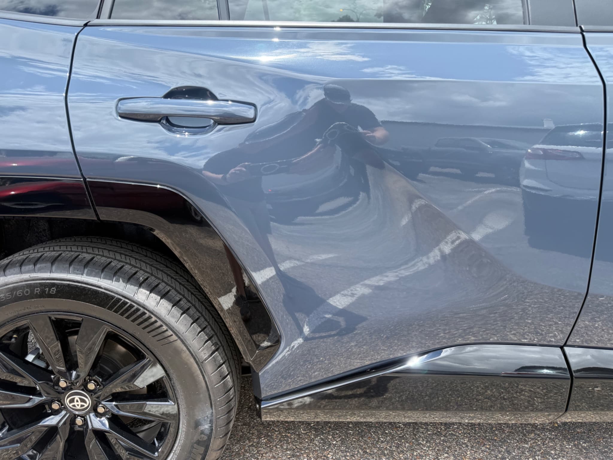 After: Before and after collision repair on 2026 Toyota RAV4 rear door scrape damage in Austin TX